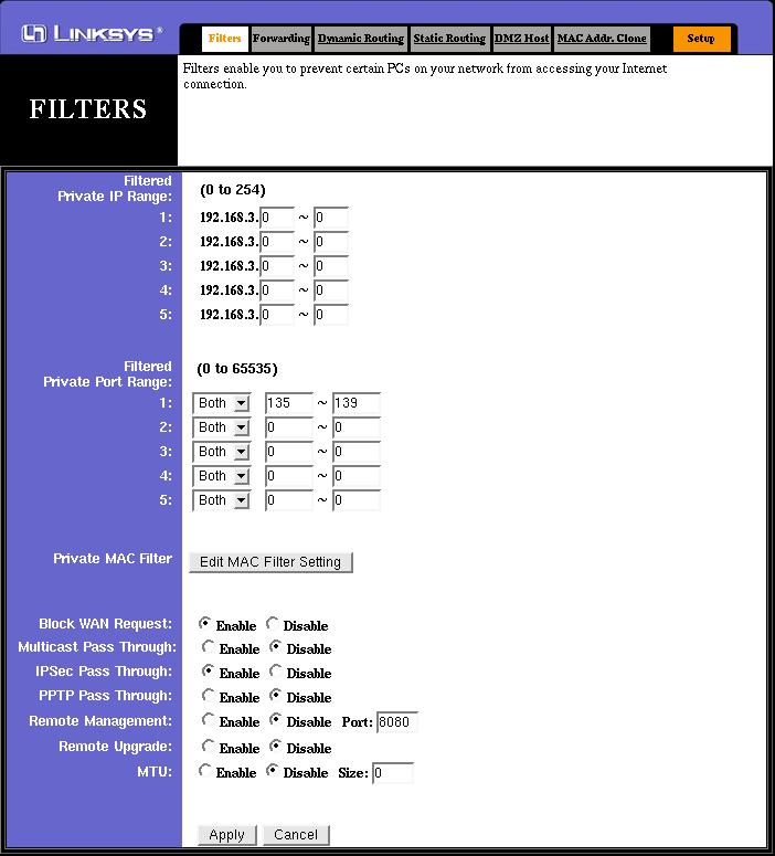 Linksys Filtering Screen